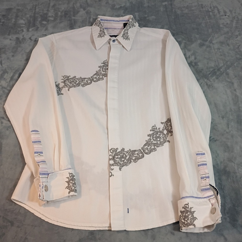 English Laundry Christopher Wicks Mens Large White Embroidered Button Down Shirt